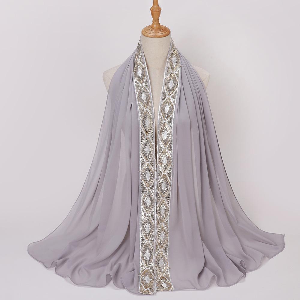 New Pearl Chiffon Embroidered Sequins Decorative Wrap Headscarf, Malaysia Indonesia Fashion Lace Ladies Scarf