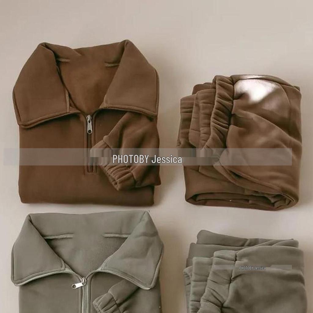 Зимний флисовый комплект в корейском стиле: Топ с высоким воротом на молнии до половины и джоггеры для мальчиков и девочек