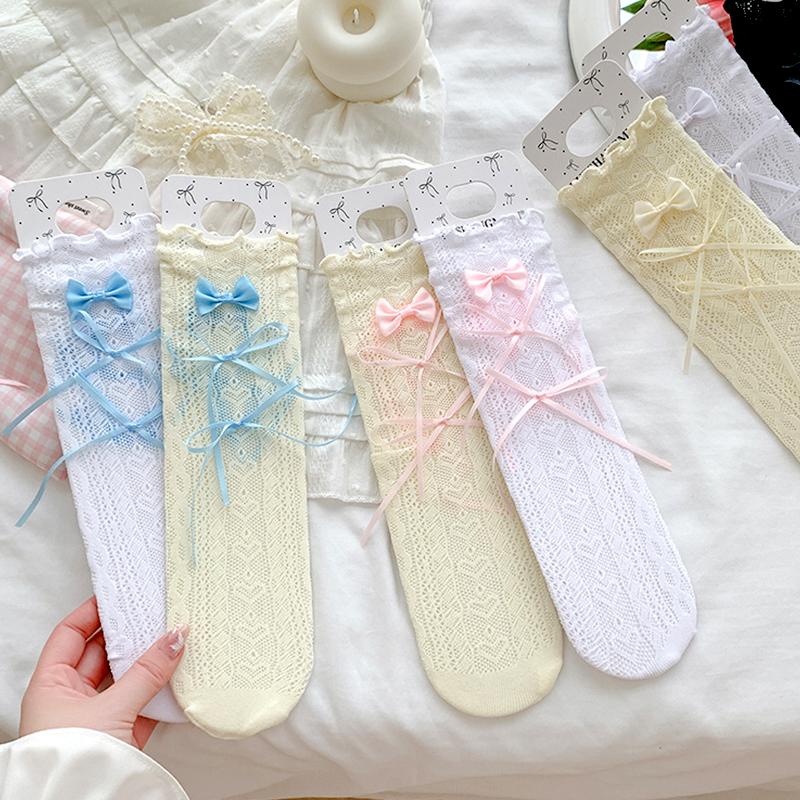 1Pair Lace Stockings Fairyism Sweat Absorption Sweet Middle Cylinder Korean Series Transparent Pile Socks Butterfly Knot