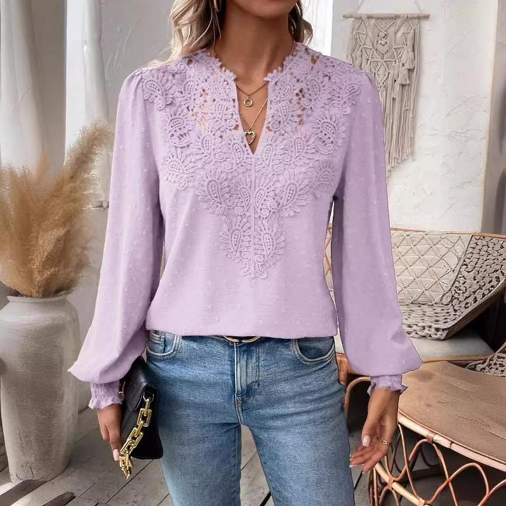 Women's Spring and Autumn Shirts, Bottoming Shirts, V-neck Lace Stitching, Solid Color Tops, Shirts, Casual Women's Clothing