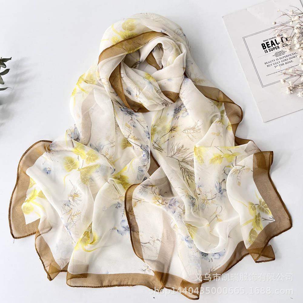 Новый длинный шелковый шарф с солнцезащитным кремом, тонкий искусственный шелк, весенне-летний женский шарф с принтом и украшением из жоржета