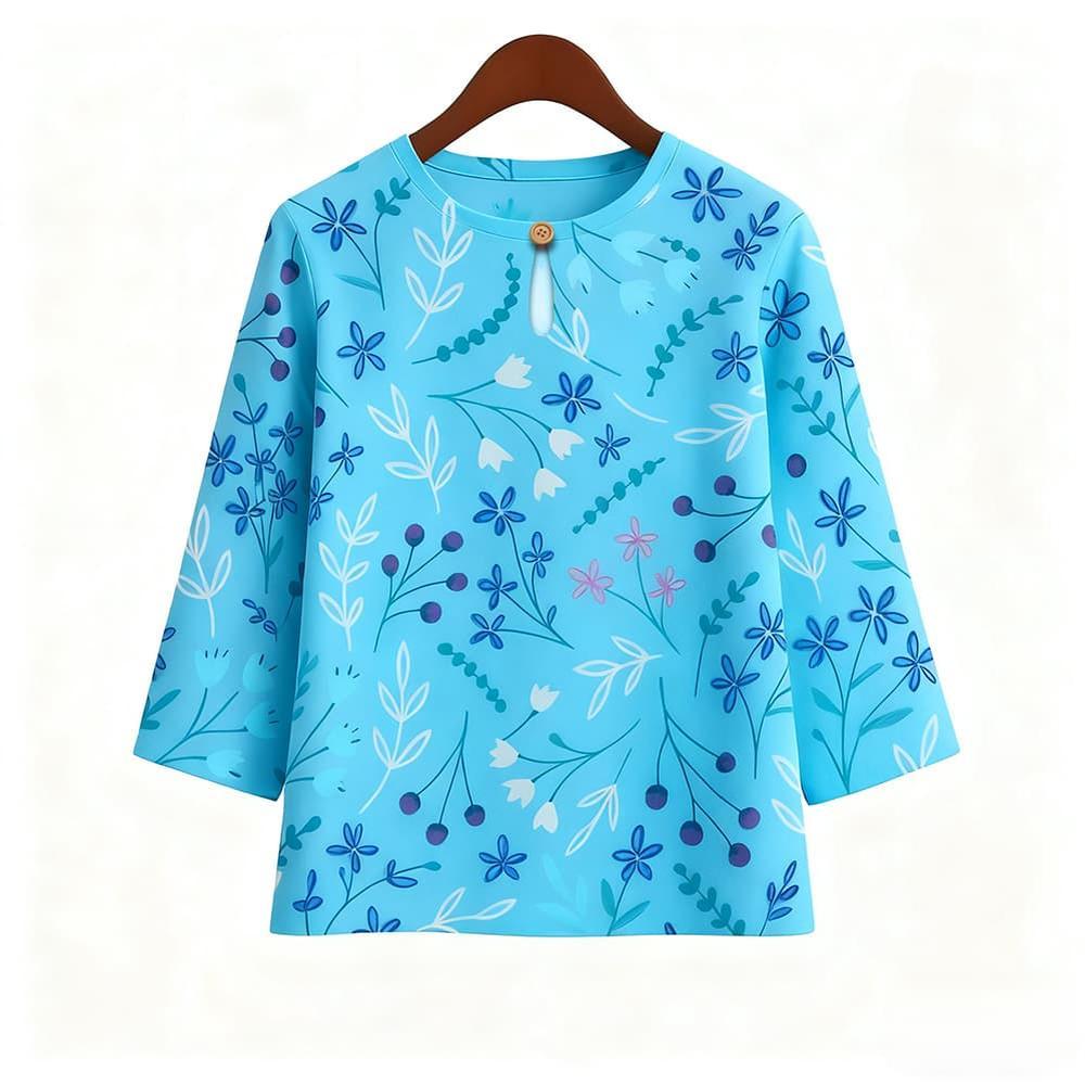 Casual Blouse, Vintage Style, For Women, Floral Print, O Neck, Three Tribal Sleeves, Elegant Loose Top, Made of Elastic Hem