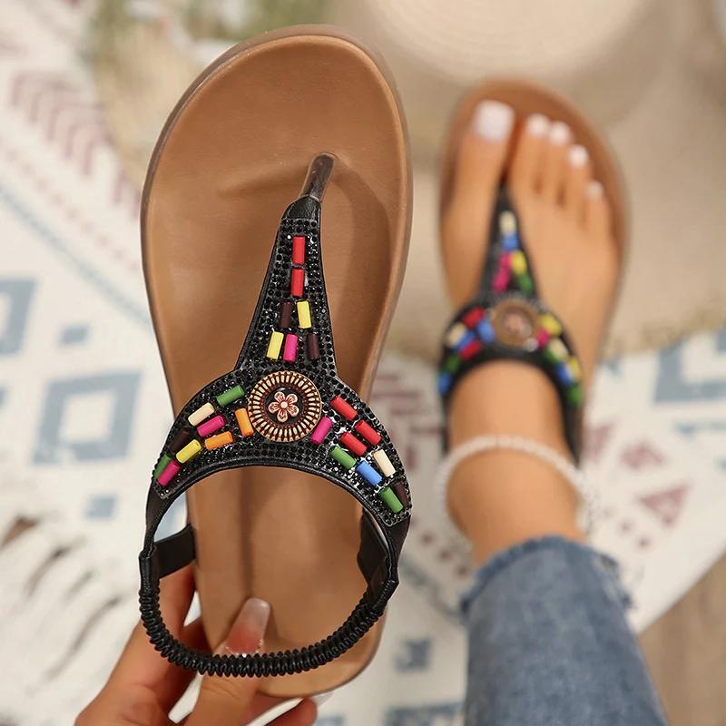 Fashion Fashion Mix Color Bohemian Sandals for Women 2025 New Clip-Toe Flat Heels Gladiator Shoes Woman Pu Leather Non-Slip Sandals