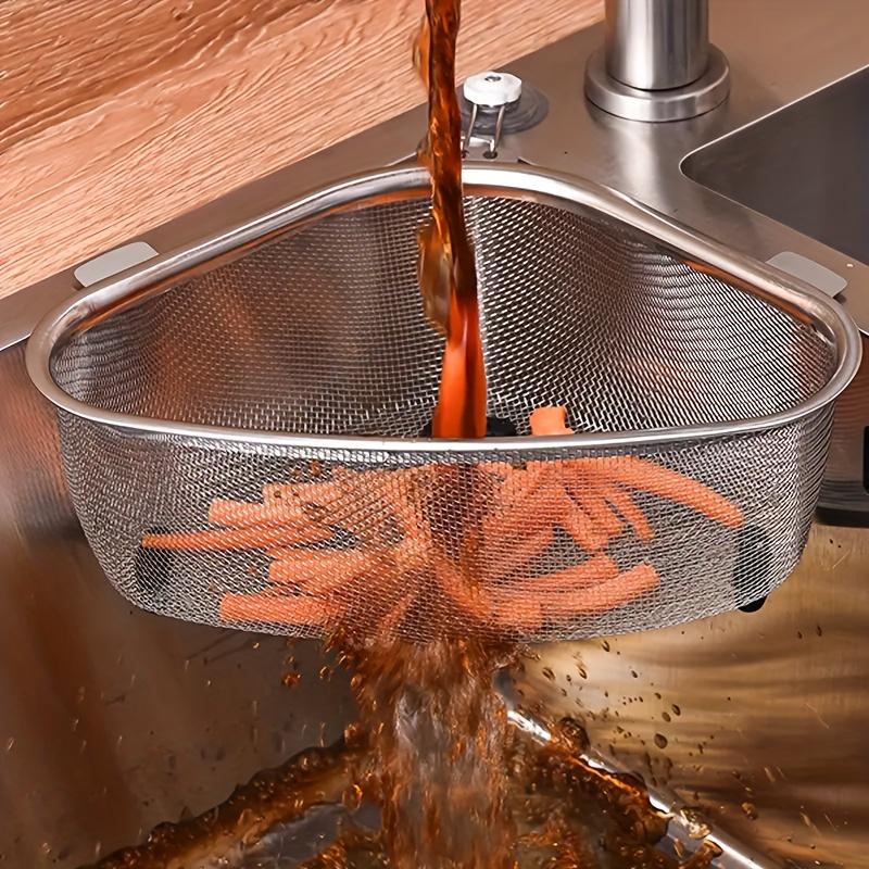1 шт. Сверхпрочный треугольный дуршлаг из нержавеющей стали - Дизайн «два в одном» для установки и подвешивания, Легко очищаемая сетчатая корзина для кухонной мойки, пасты, овощей
