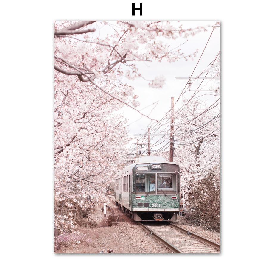 Розовые вишни в цвету Поезд Башня Париж Велосипед Скандинавские постеры и принты Картина на холсте Настенные художественные картины Гостиная Домашний декор