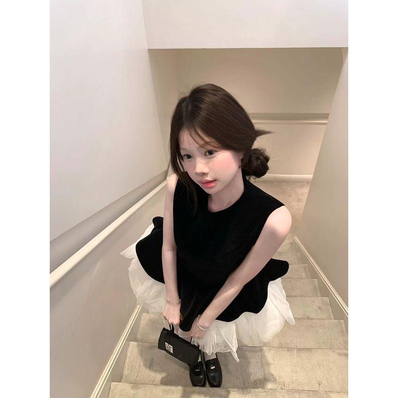 Kumikumi Sweet Style Mesh Patchwork Vest Dress Women Summer French Style Fake Two-Piece A- Line Skirt Pettiskirt