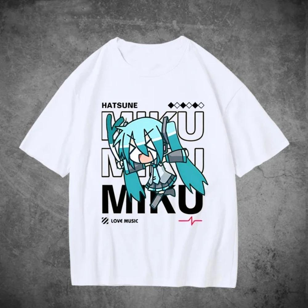 Аниме футболка Hatsune Miku с кошачьими ушками "Love Music", унисекс, уличная одежда с виртуальным певцом, оверсайз, 100% хлопок, повседневная футболка с коротким рукавом