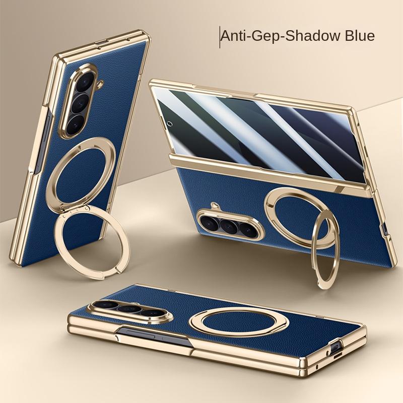 Для Samsung Galaxy Z Fold 7 Кожаный 360° Поворотный Держатель Магнитное Закаленное Стекло Передняя Пленка Противоударный Чехол для Телефона с Поддержкой Отпечатков Пальцев