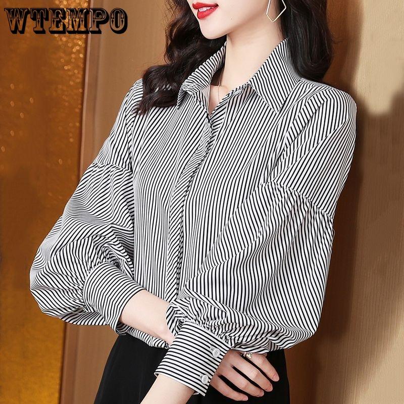 WTEMPO Striped Chiffon Shirt Women Korean Fashion Top Temperament Long-sleeved Versatile Shirt
