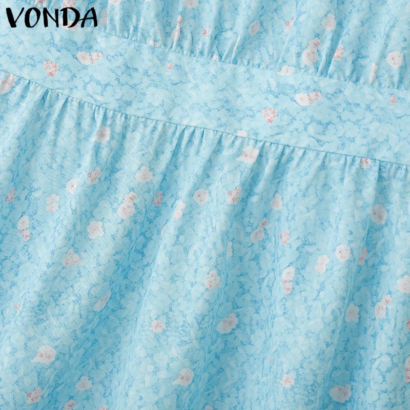 VONDA Женский летний сарафан с оборками и воротником-стойкой, коротким рукавом и цветочным принтом, повседневный, приталенный