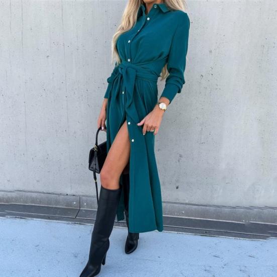 Женское хлопковое платье-макси футболка на пуговицах, повседневное платье с длинным рукавом и лацканами, длинное платье с шнуровкой на талии, женские халаты