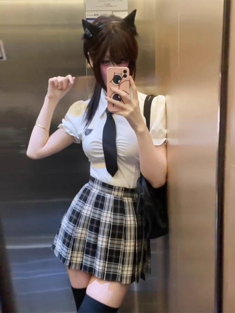 Комплект клетчатой юбки и рубашки в стиле академии: Женский облегающий талию плиссированный костюм-двойка