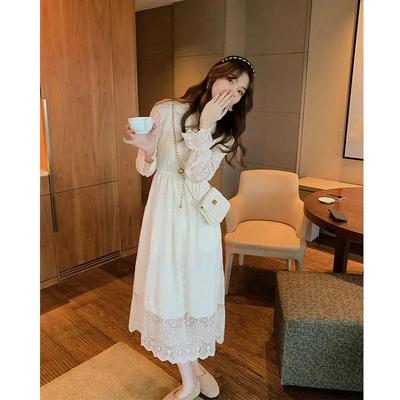 Платье Danmo во французском стиле, женское, весна-осень, кружевные рукава, утягивающее, прикрывающее живот, длинное платье