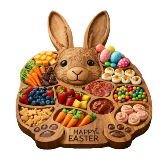 Поднос для закусок Форма кролика в деревенском стиле Сервировочная доска с несколькими отделениями Натуральное дерево Гладкая поверхность Организатор для мяса, фруктов, орехов, закусок