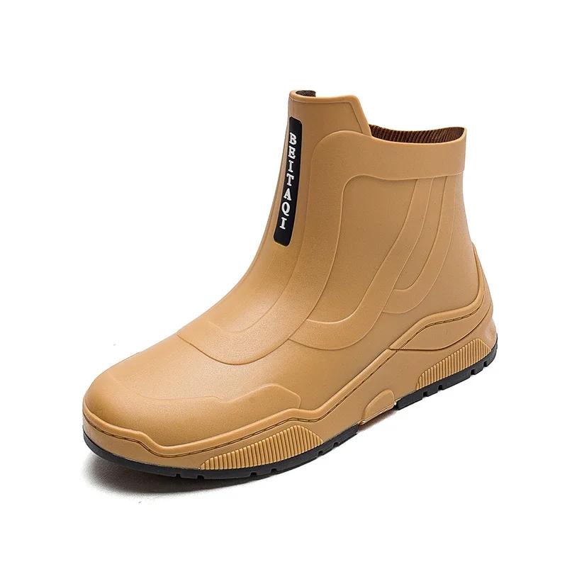 Модные резиновые сапоги для пар, бархатные теплые поварские туфли средней высоты, износостойкие нескользящие водонепроницаемые туфли, рабочая обувь для мытья автомобиля, дождевые туфли для мужчин
