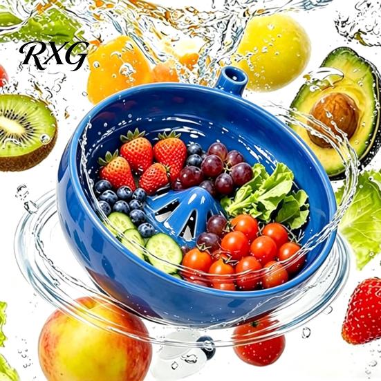 Picnic Fruit Preparation Tool Ceramic Berry Self Rinsing Bowl with Integrated Drain, Vortex Automatic Cleaning Produce Colander, Efficient for