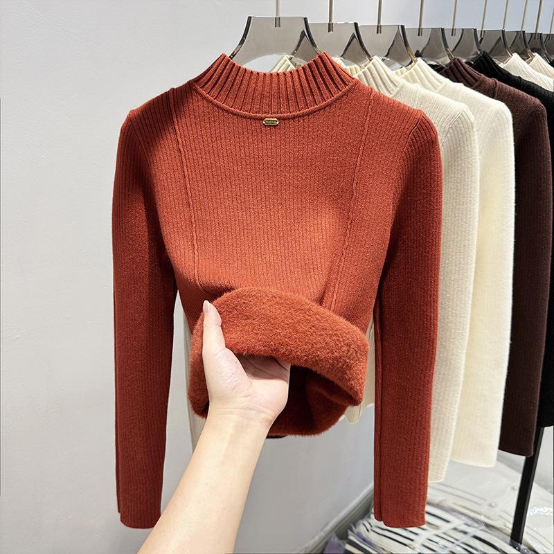 Integrated Fleece Fabric, Fleece Thickened Sweater Women's Semi-turtleneck Bottoming Shirt with New Autumn and Winter Knitted Sweater Inside
