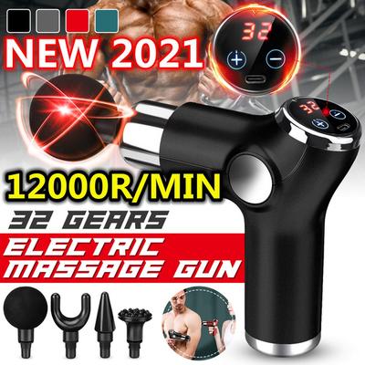 12000 об/мин Массажный пистолет для глубокой мышечной терапии 32 передачи Ударная вибрация Пистолет для фасции Ультра-тихий мотор Сенсорный ЖК-экран 4 массажные головки