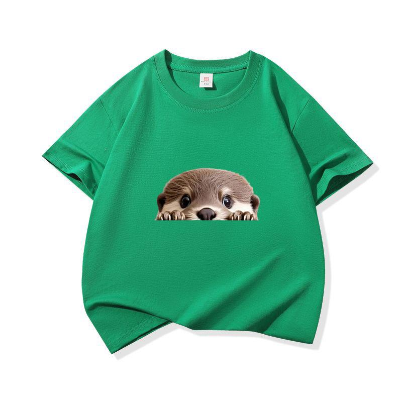 Kids Cotton T Shirt Cute Peeking Otter Print Crew Neck Short Sleeve Tee Casual Breathable Boys Girls Summer Tops