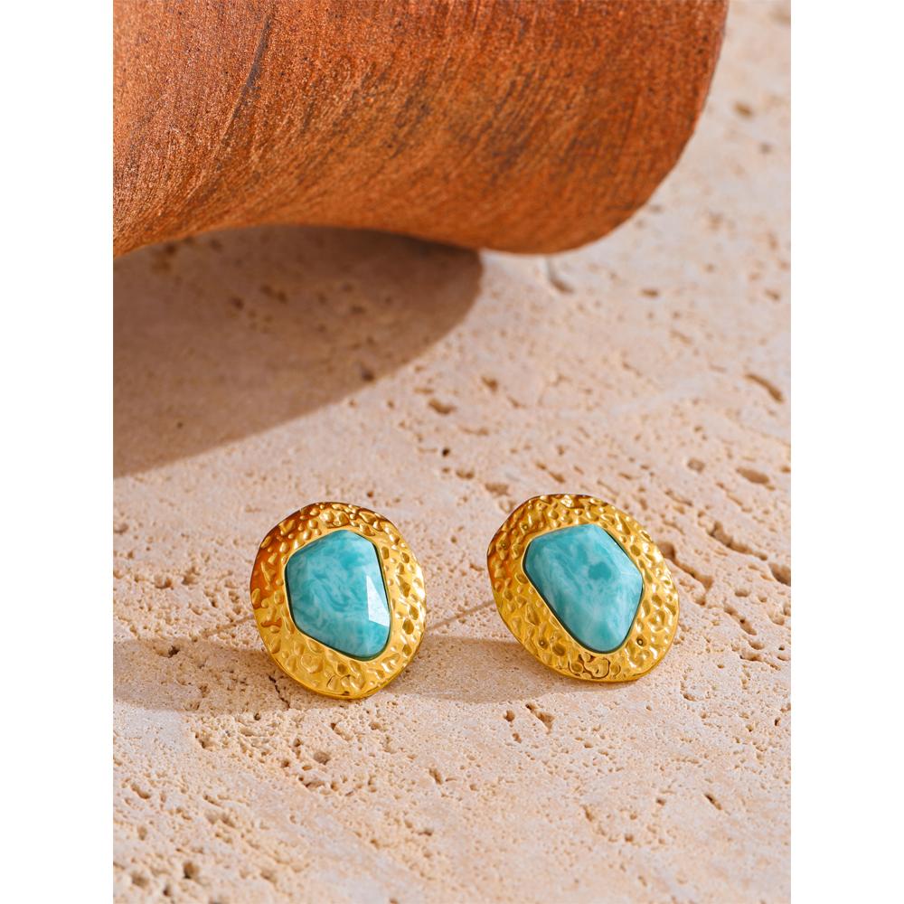 Yhpup Natural Amazonite Stone Stainless Steel Golden Stud Earrings 18k PVD Plated Waterproof Fashion Metal Daily Charm Jewelry