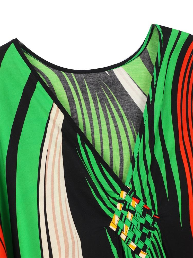 EDOLYNSA Boho Women's Plus Size Kaftan Beach Maxi Dress Summer Striped Print Beachwear Swimsuit Cover Up V-neck Loose House Dresses Q1628