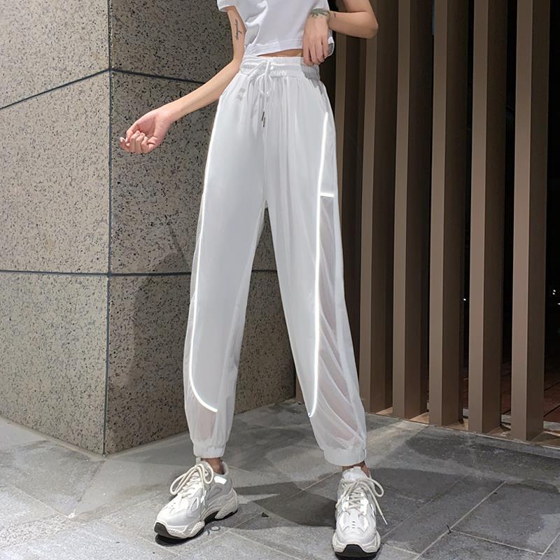 Сетчатые брюки со светоотражающими полосками, летние корейские тонкие повседневные брюки с высокой талией, женские спортивные брюки