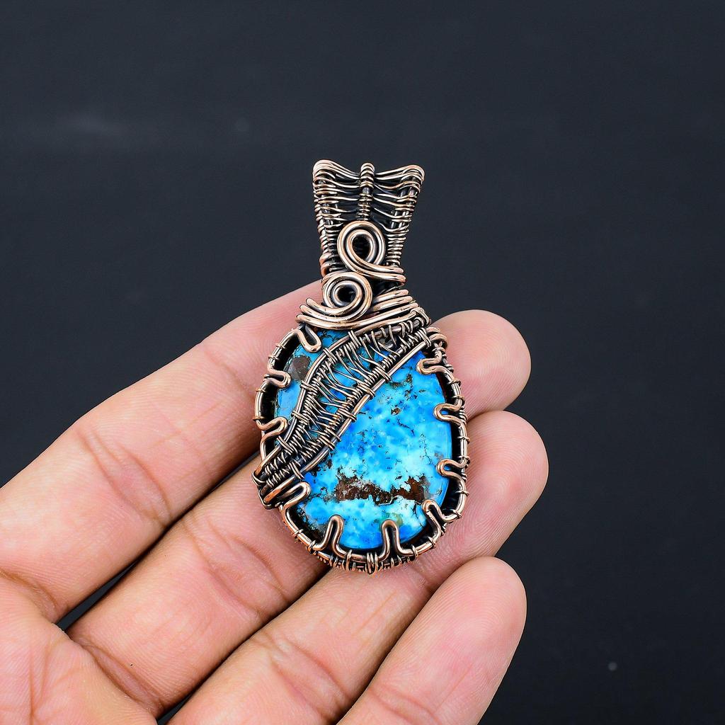 Turquoise Gemstone Pure Copper Wire Wrapped Handmade Pendant Jewelry