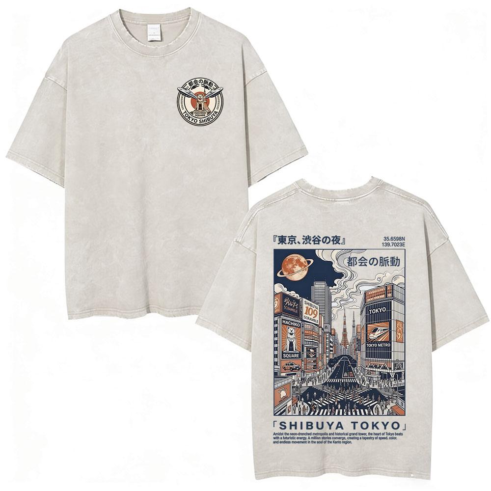 Vintage Japanese Osaka Dotonbori Crab Cityscape Graphic T Shirts Mens Washed Fashion Oversized Cotton Tshirt Unisex Streetwear