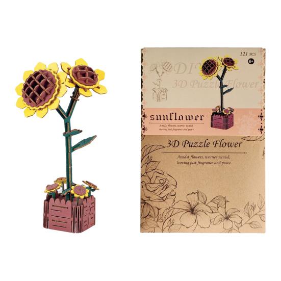 3D Wooden Flower Puzzle Kit for Adults DIY Botanical Bouquet Building Set Wood Sunflower/Rose Floral Craft Kit for Stress Relief Mother's Day