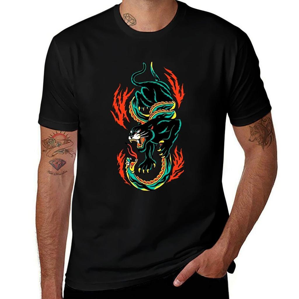 Traditional Black Panther Fighting Green Snake Tattoo Tshirt Holiday Vacation Tee Shirt