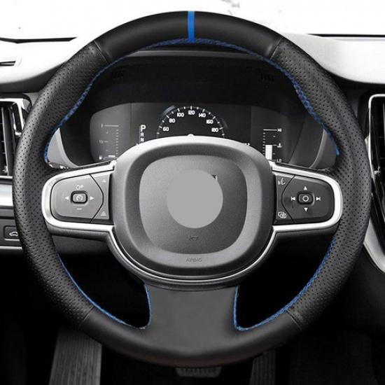Blue-strip Steering Wheel Sewing Leather Cover Trim For Volvo XC90 2016-