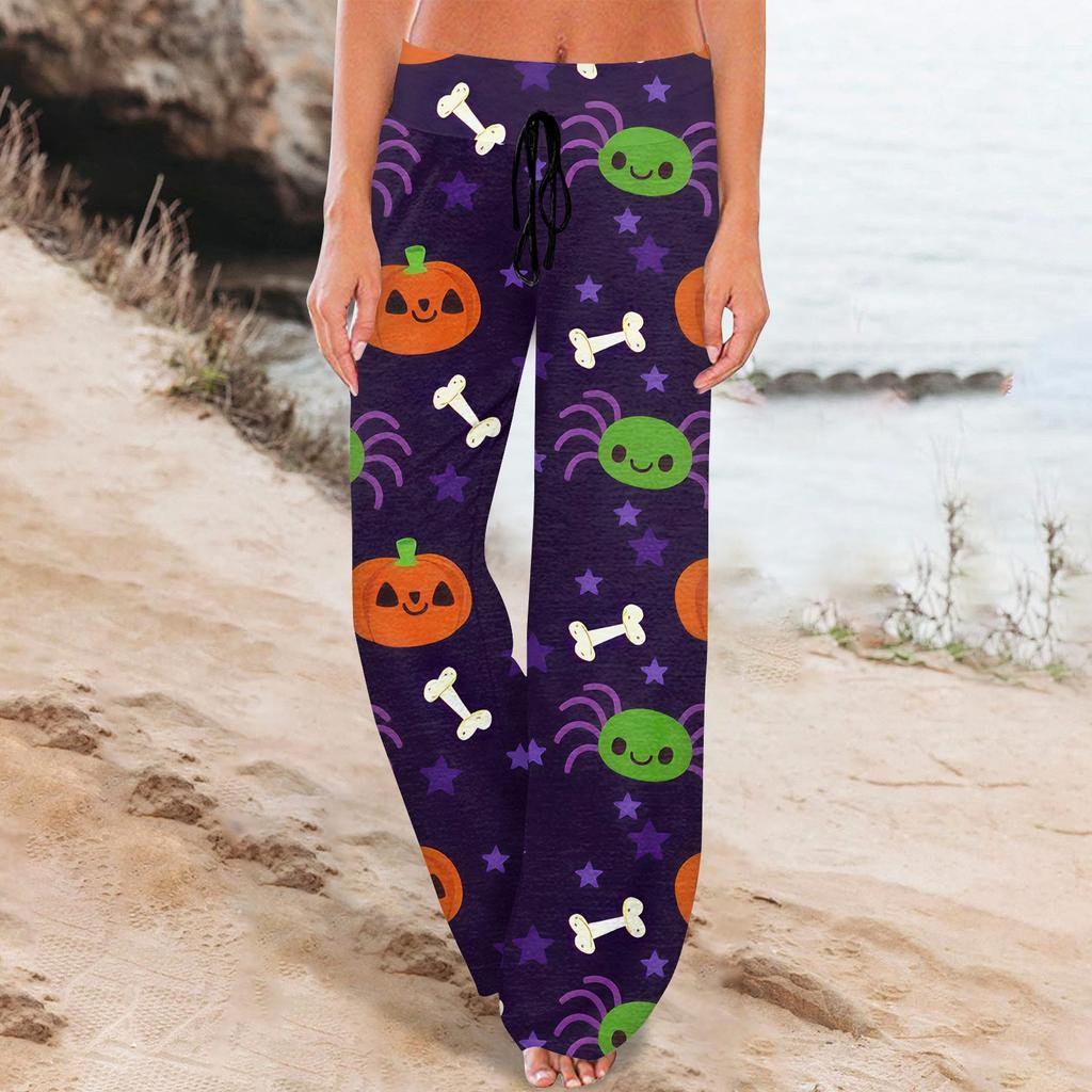 Женские удобные пижамные штаны с карманами на Хэллоуин и принтом на шнуровке, широкие брюки