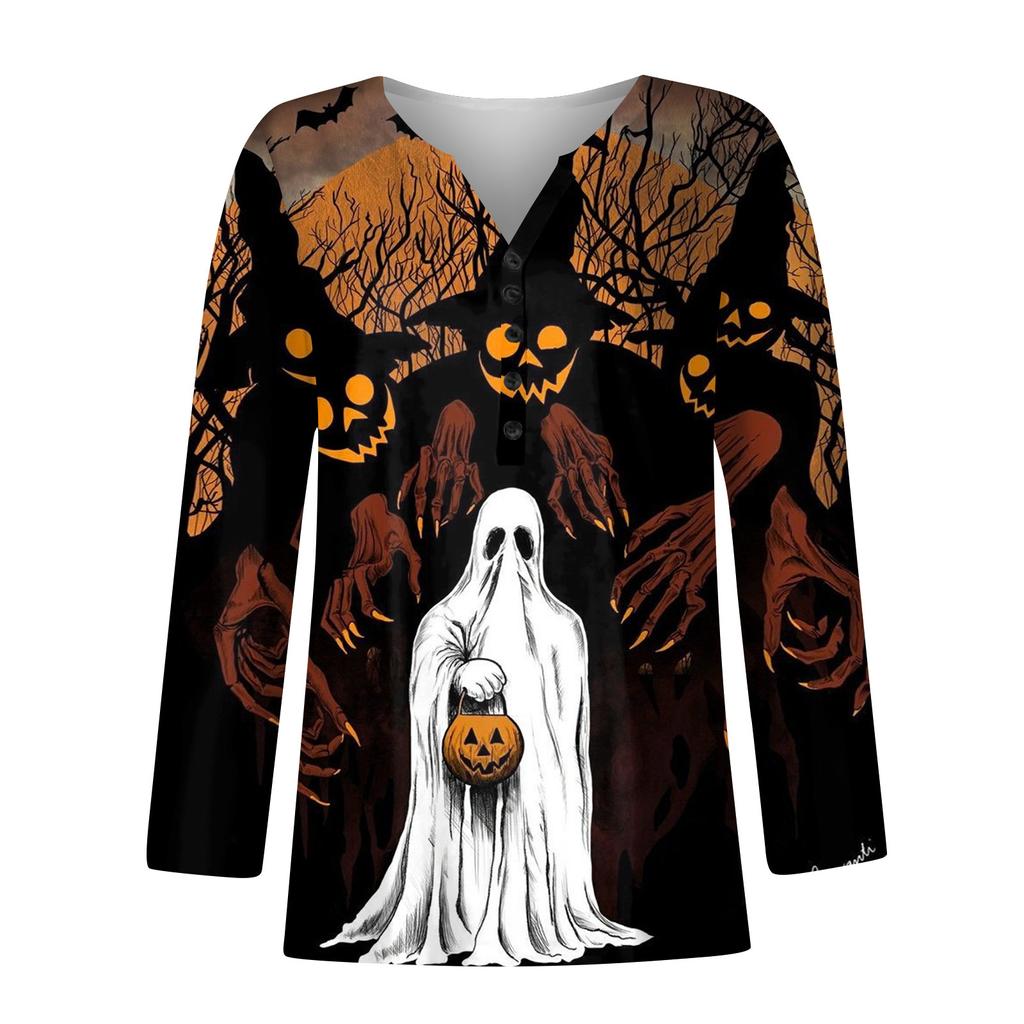 Women's Button Neck Tops Women's Casual Everyday Tops Long Sleeve V Neck Fashion Print Shirt Tops Halloween T-Shirts Sweatshirts