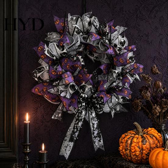 Halloween Spooky Wreath Mesh Ribbon for Front Door, Skull Pumpkin with Party Backdrop Bow, Purple Black Stripe Decorative Garland Doors Walls Windows