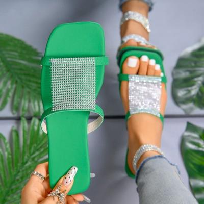 Модные тапочки женские 2024Woman Square Head Rhinestone Hollow Sexy Universal Shoes Flat Open Toe Airful Beach Shoes Slides