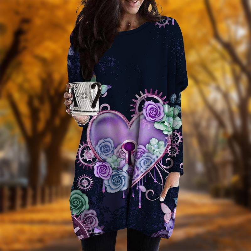 Новинка осени Love Lock Print Plus Size Dress Women O'neck Long Sleeves Casual Pocket Dresses