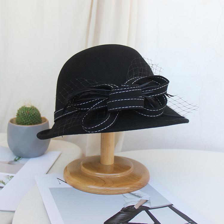 Autumn and winter hat women's three-dimensional flower woolen woolen pot hat fashionable and elegant mesh top hat versatile felt hat