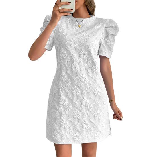 Женское фактурное жаккардовое платье с круглым вырезом и короткими рукавами-фонариками, платье А-силуэта, летние мини-платья с цветочным принтом, короткое вечернее платье