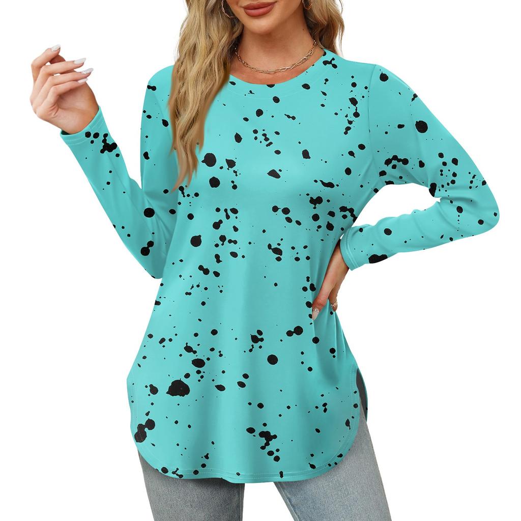 Женские рубашки с длинным рукавом и круглым вырезом, базовые свободные туники с боковым разрезом, повседневные рубашки с цветочным принтом