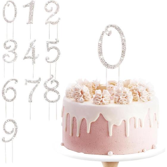 BEIDHIA Number Cake Topper 0-9,Silver Bling Rhinestone Happy Birthday Cake Topper for 10th 20th 30th 40th 50th 60th 70th 80th 90th Birthday Party