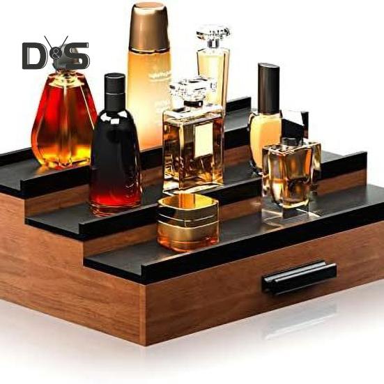 3 Tiers Wooden Perfume Display Stand with Storage Drawer Large Capacity Desktop Perfume Organizer Storage Box