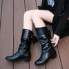 Осенне-зимние очень большие студенческие рыцарские сапоги на низком каблуке с круглым носком и ремешком сзади, теплые женские кожаные сапоги средней высоты