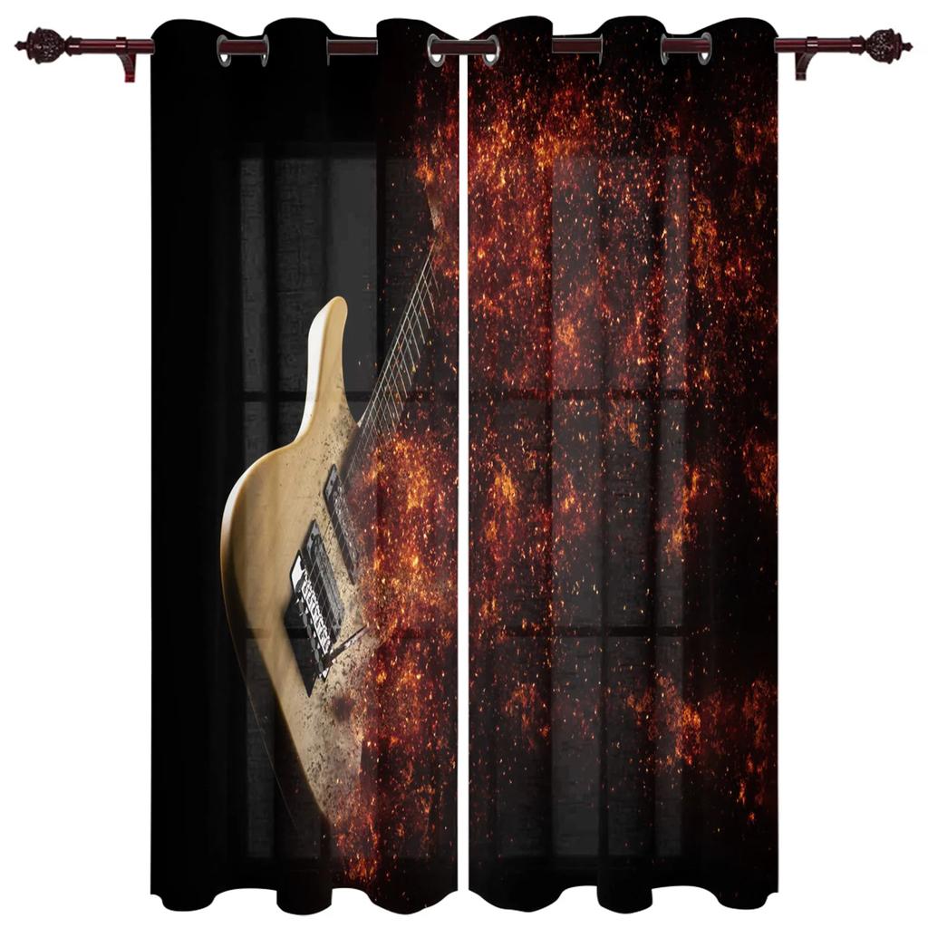 2 панели cortinas Музыка Сцена Динамик Гитара Окна Шторы Гостиная Спальня Оконные украшения Бытовая Кухня Шторы