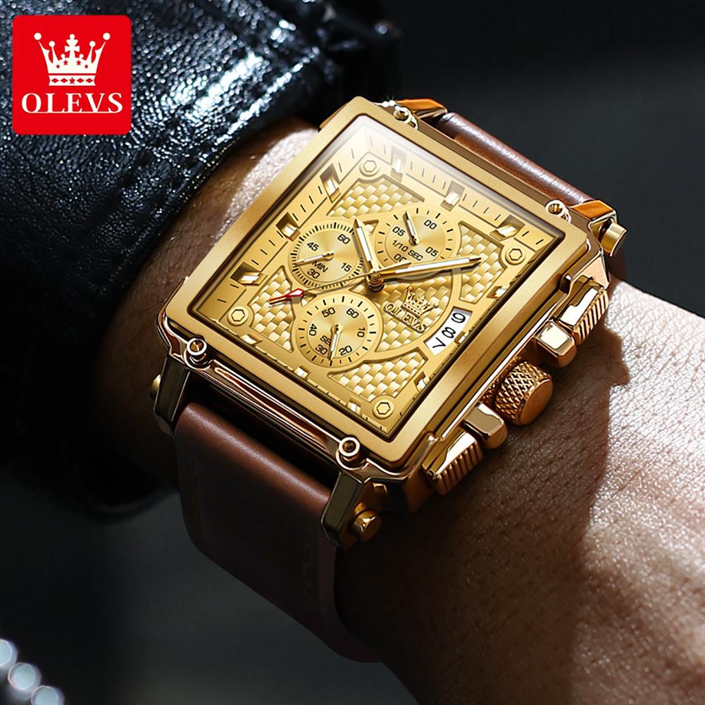 OLEVS 9925 Luxury Quartz Wristwatches for Men Original Leather Strap Fashion Square Dial Chronograph Waterproof Sports Man Watch