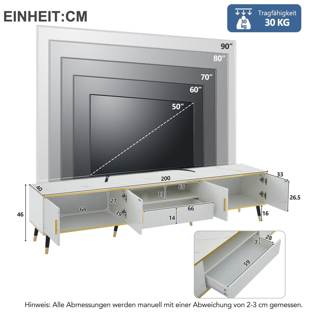 TV Schrank, 4 Fächern 1 Schublade Offenes Fach, Moderner Lowboard 90 Zoll TVs, TV Board Sideboard Möbel Wohnzimmer Esszimmer, 200x40x46cm, Weiß