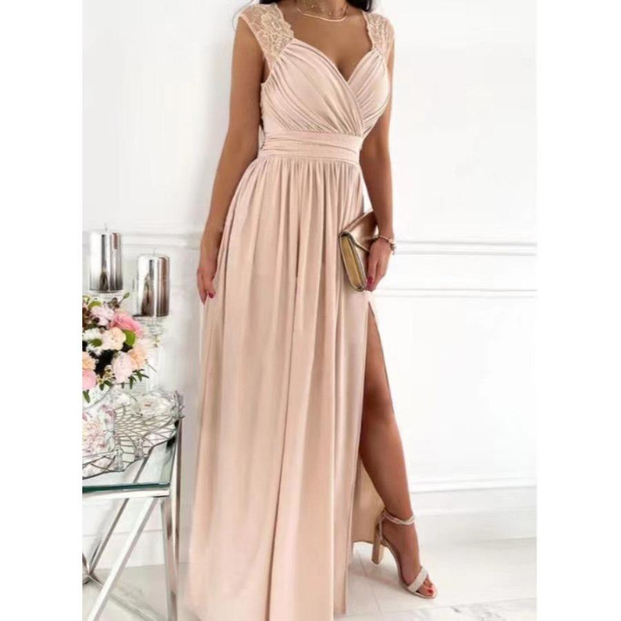 Spring Autumn Fashion Sexy Elegant Lace Patchwork Long Dress Women V Neck Solid Split Maxi Dresses