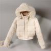 Women Winter Warm Hooded Down Cotton Jacket  Thickened Fleece Lining Big Fur Collar Long Sleeve Short  Jacket Coat