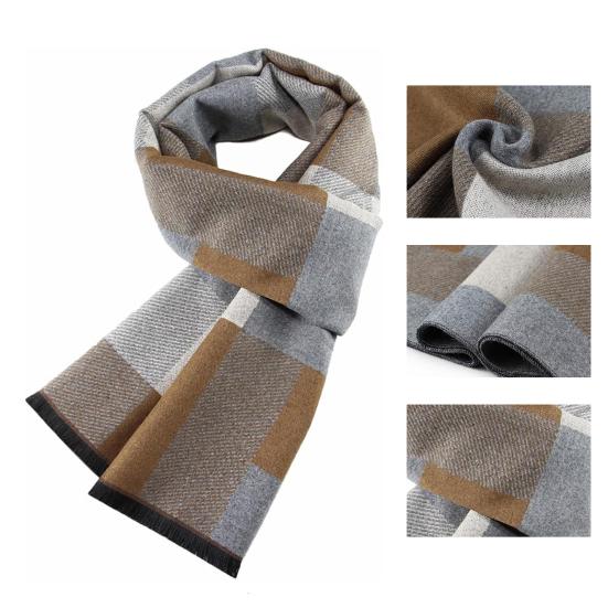 Men Scarf Plaid Print Winter Warm Thick Imitation Cashmere Long Scarf Medium Length Shawl Cold Weather Accessory