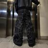Mens High Waist Wide Leg Jeans Spider Web Print Washed Denim Pants Streetwear