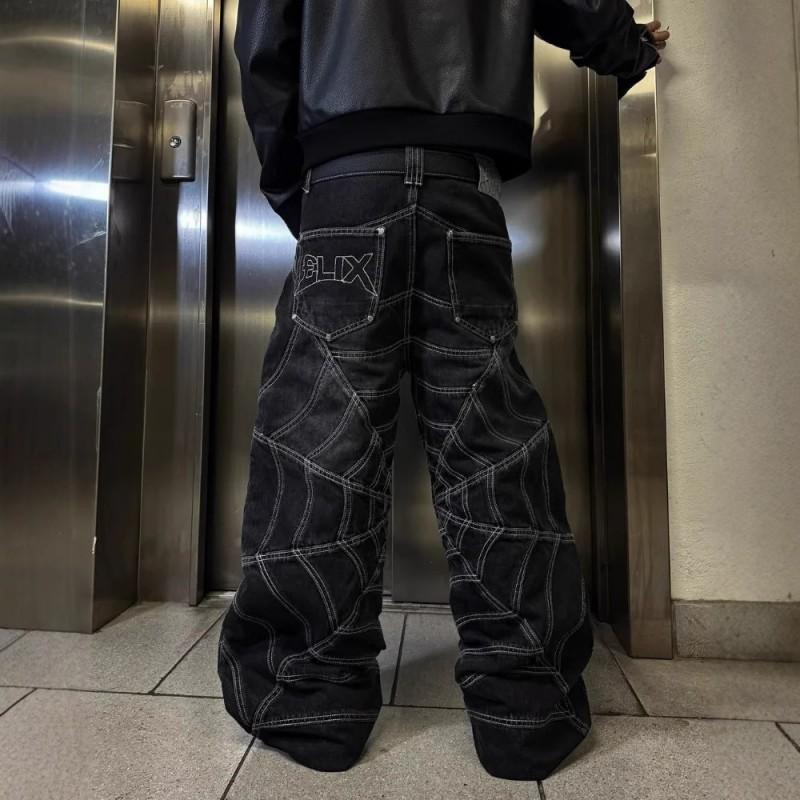 Mens High Waist Wide Leg Jeans Spider Web Print Washed Denim Pants Streetwear